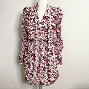 MONIQUE LHUILLIER Long Sleeve Floral Tapestry Faux Wrap Mini Dress